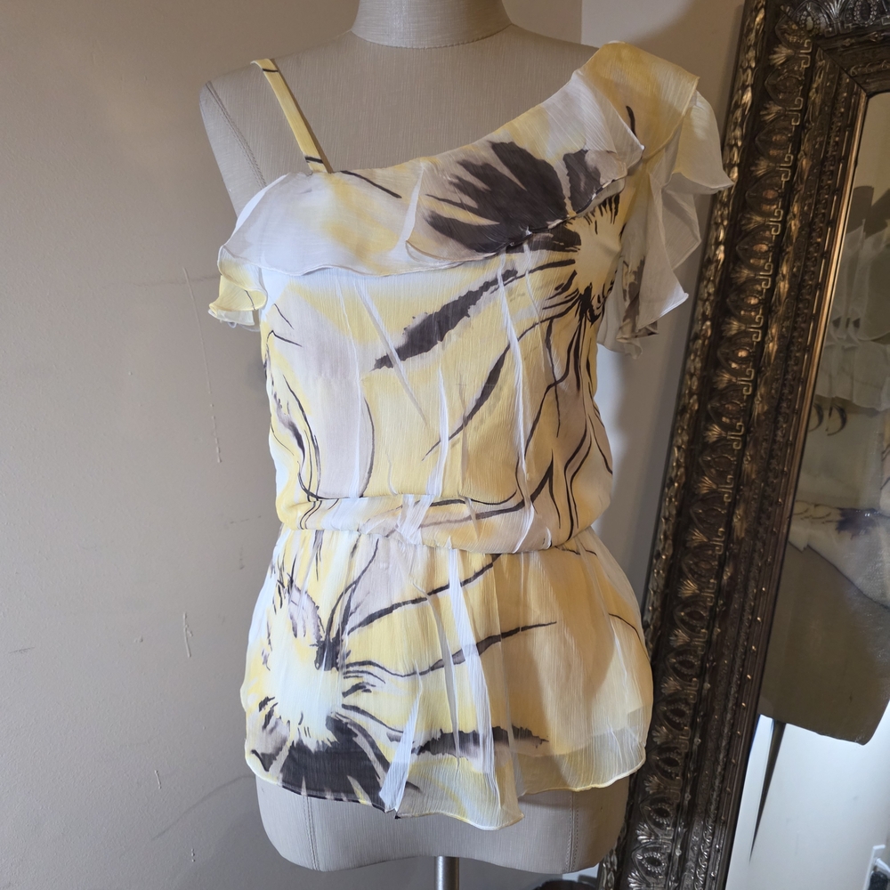IZ Byer Yellow/White/Brown Asymmetrical Ruffled Peplum Blouse.  Sz XS